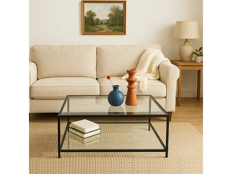 URBAN MEUBLE Table basse salon en verre et en métal noir