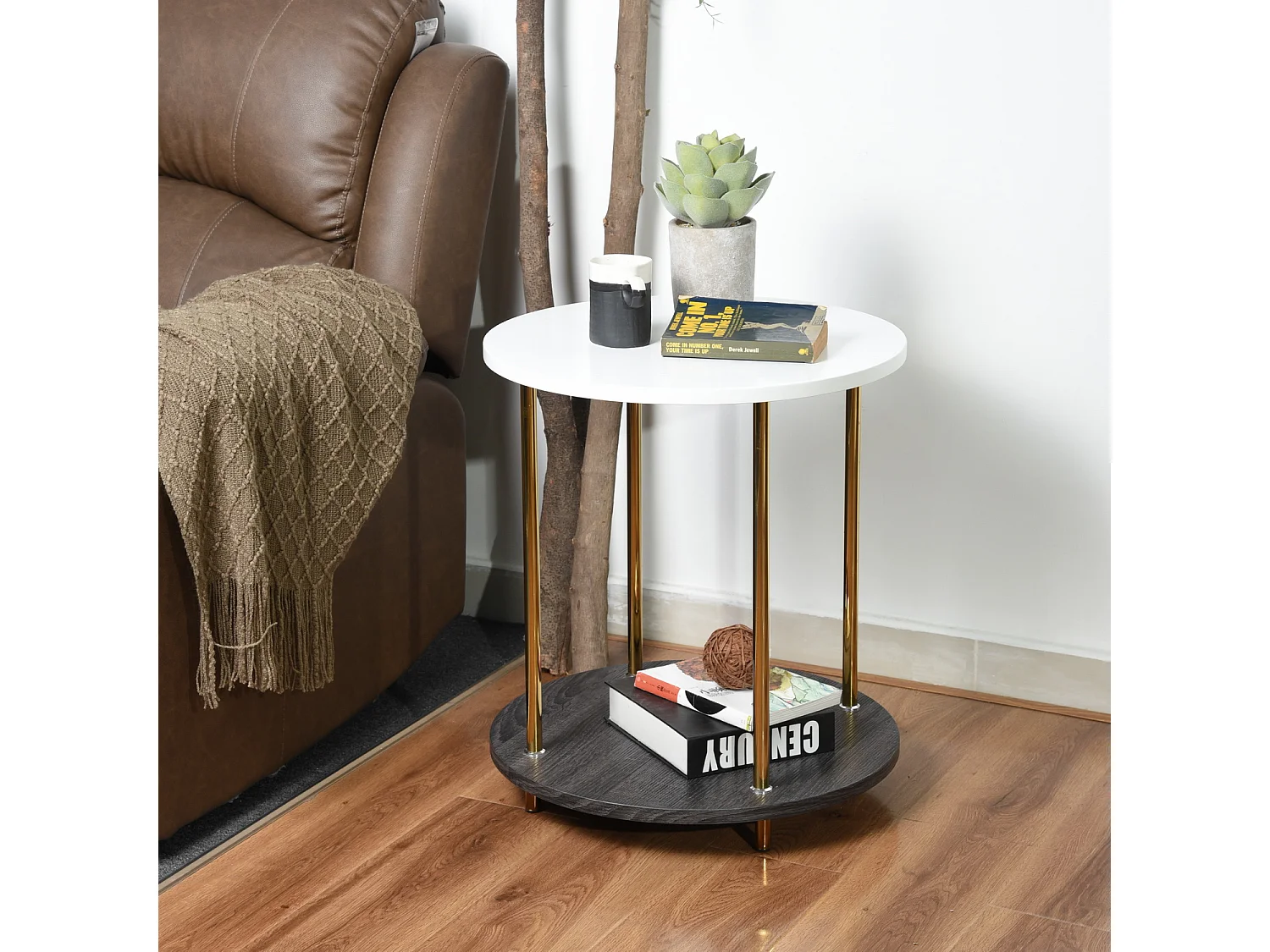 Bout de canapé rond design doré et blanc BOATENG