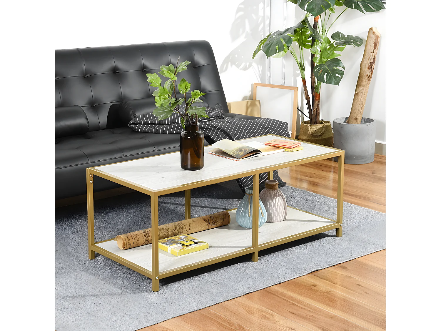 Table basse salon en design marbre et doré JUSTIN WHITE WOOD B