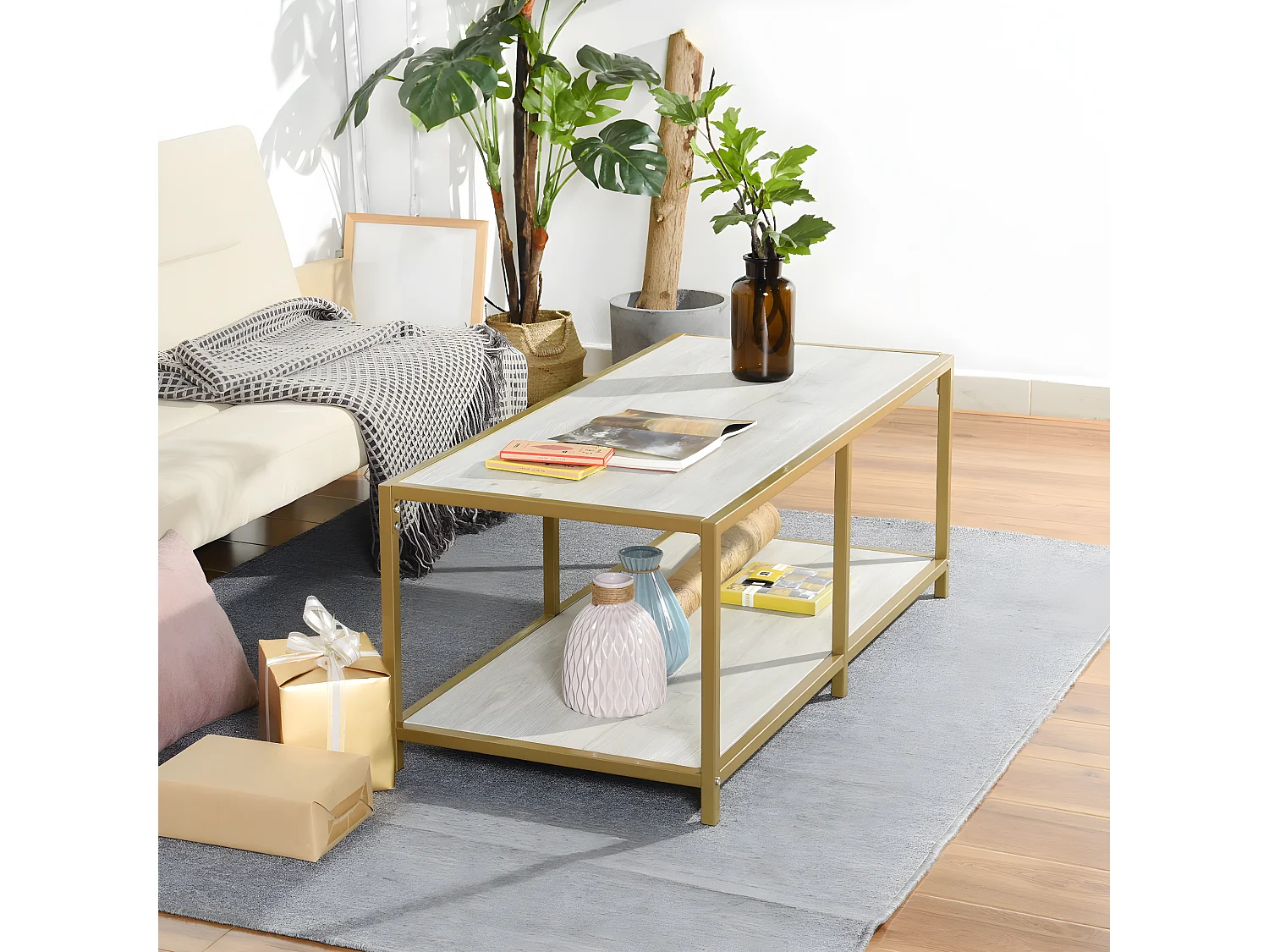 Table basse salon en design marbre et doré JUSTIN WHITE WOOD B