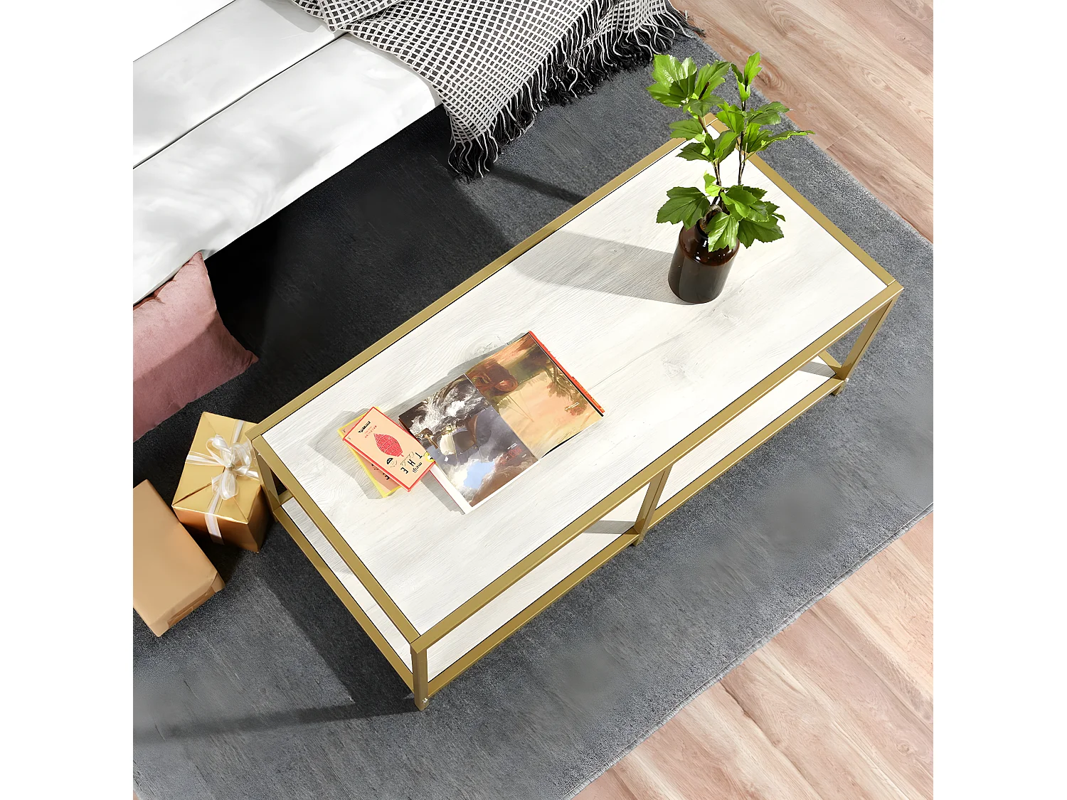 Table basse salon en design marbre et doré JUSTIN WHITE WOOD B