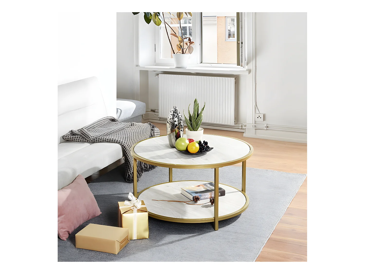 Table basse salon en design marbre et doré NEKA SMALL WHITE WOOD A