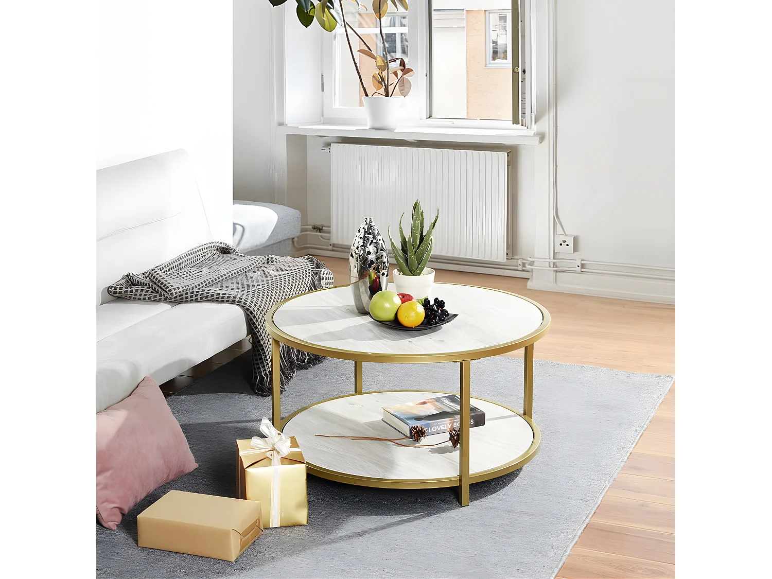 Table basse salon en design marbre et doré NEKA SMALL WHITE WOOD A