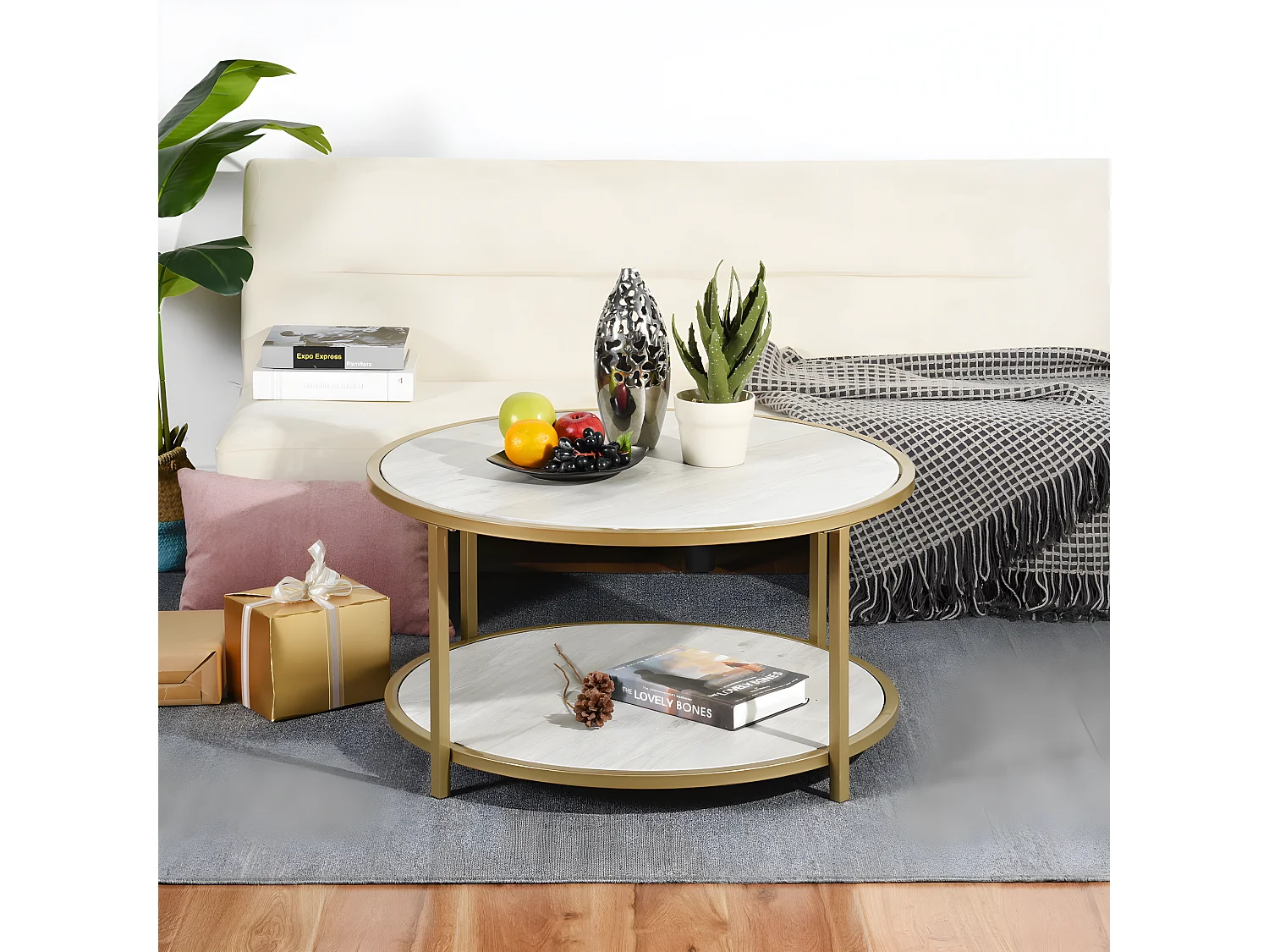 Table basse salon en design marbre et doré NEKA SMALL WHITE WOOD A