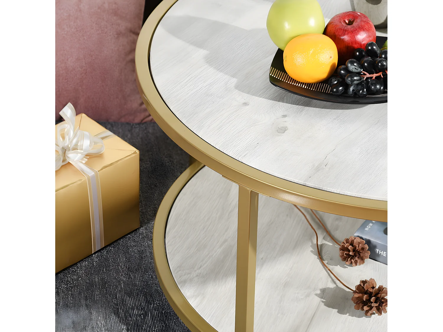 Table basse salon en design marbre et doré NEKA SMALL WHITE WOOD A
