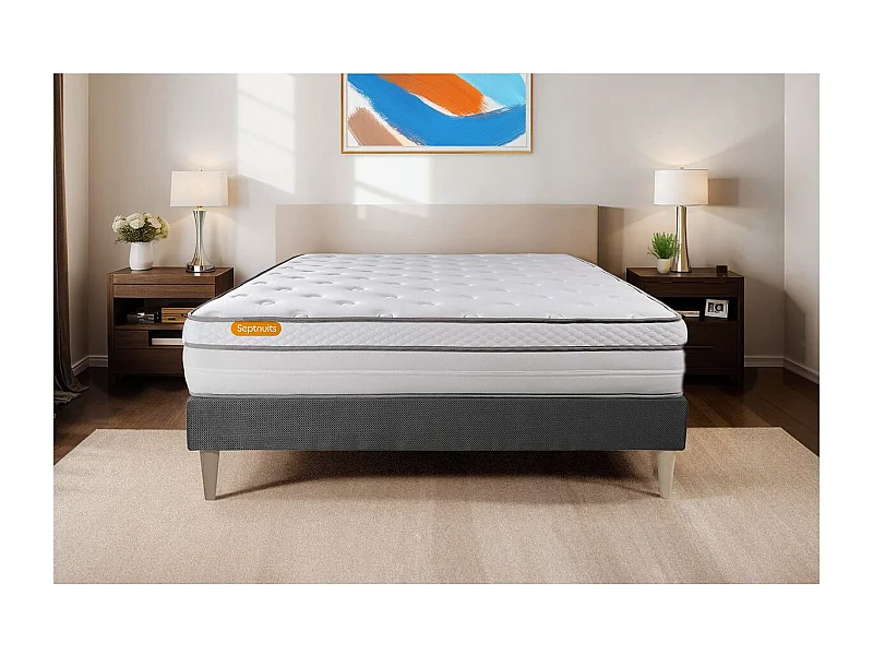 Matelas + sommier gris 90x190 Memo Luxe Ressorts ensachés + mémoire de forme 5 zones de confort MAXI épaisseur