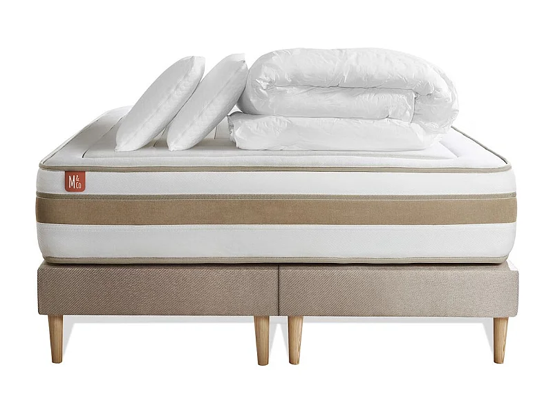 Pack prêt à dormir matelas LE RAFFINÉ 160x200cm Ressorts ensachés + Mémoire de forme BioVisco + double sommiers Beige