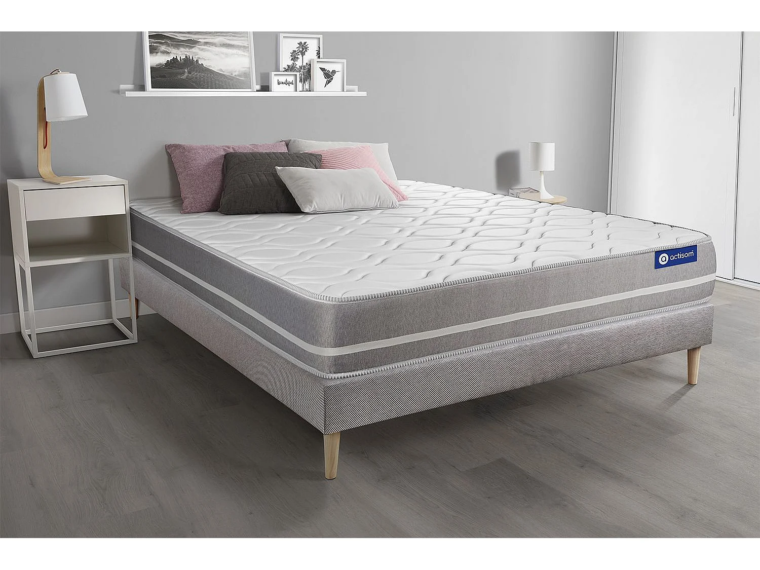 Ensemble matelas Mémoire de forme ACTIMEMO TOUCH 90x190 3zones de confort + sommier KIT gris