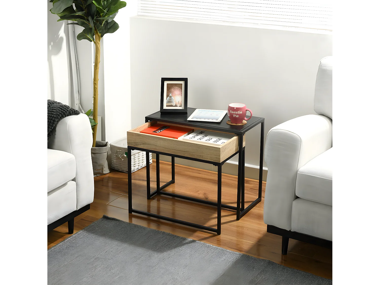 Set moderno di tavolini impilabili in metallo e legno CURRY BLACK WOOD A