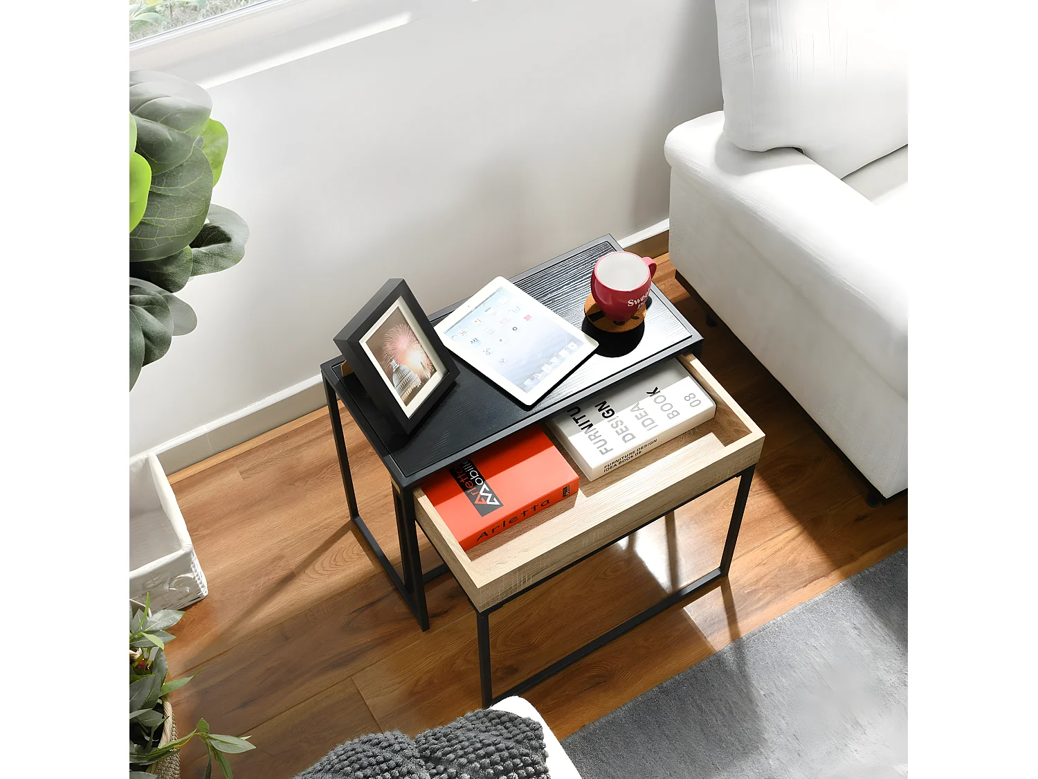 Set moderno di tavolini impilabili in metallo e legno CURRY BLACK WOOD A