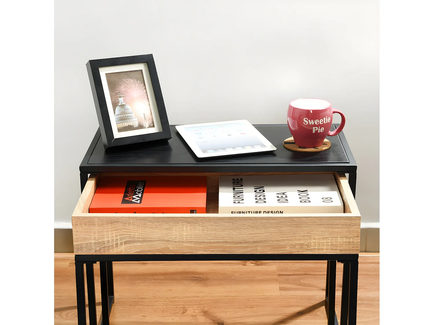 Set moderno di tavolini impilabili in metallo e legno CURRY BLACK WOOD A