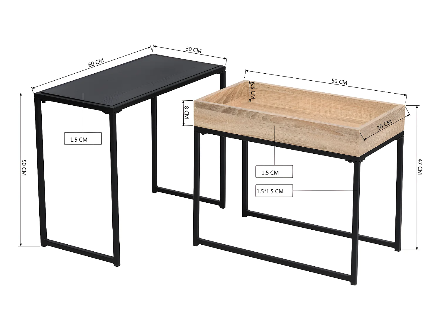 Set moderno di tavolini impilabili in metallo e legno CURRY BLACK WOOD A