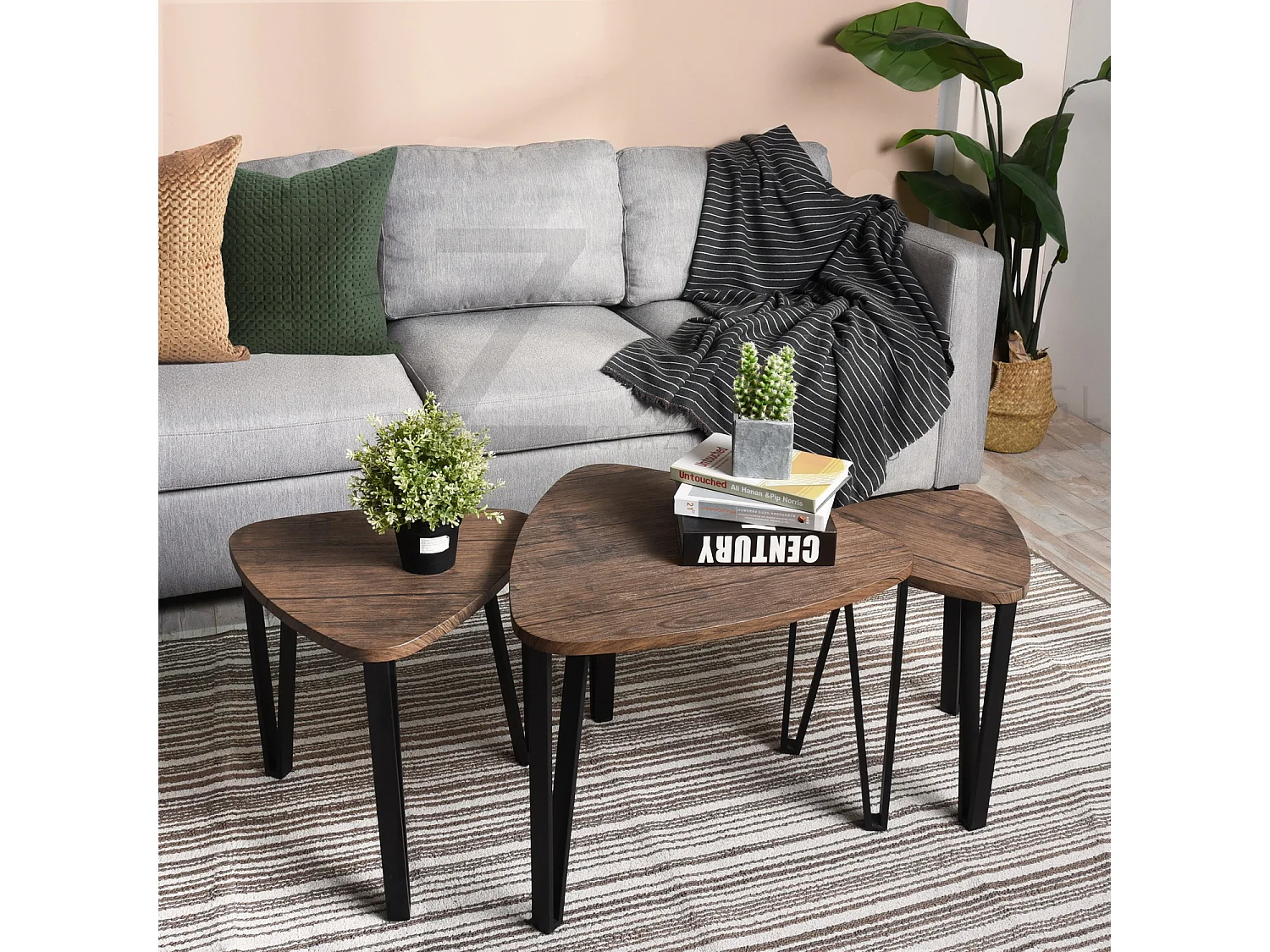 Ensemble de 3 tables gigognes au style industriel noir et bois KAUWHATA MDF HM