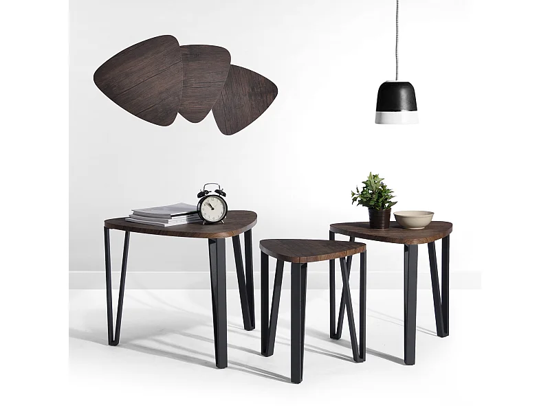 Ensemble de 3 tables gigognes au style industriel noir et bois KAUWHATA MDF HM