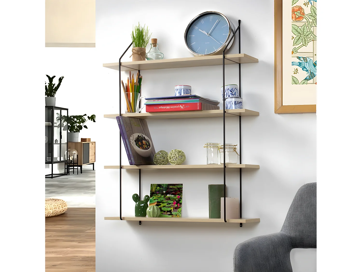 Étagère Murale 4 Niveaux Décor Bois L60 cm