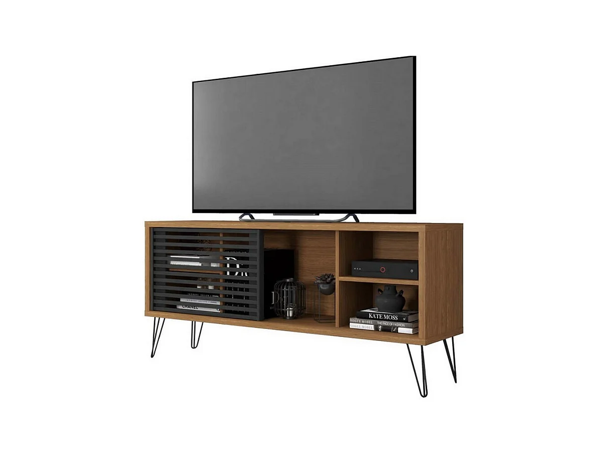 Meuble TV 55 Pouces Chêne Foncé et Noir 5 Niches L 136 H 62 P 36 cm
