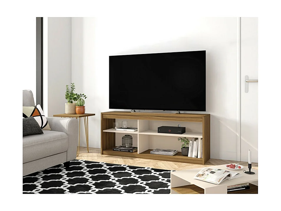 Meuble TV 55 Pouces Chêne et Blanc 4 Niches L136 H 56 P 36 cm