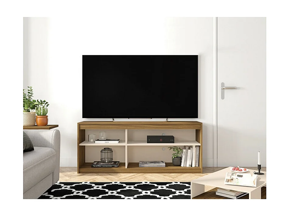Meuble TV 55 Pouces Chêne et Blanc 4 Niches L136 H 56 P 36 cm