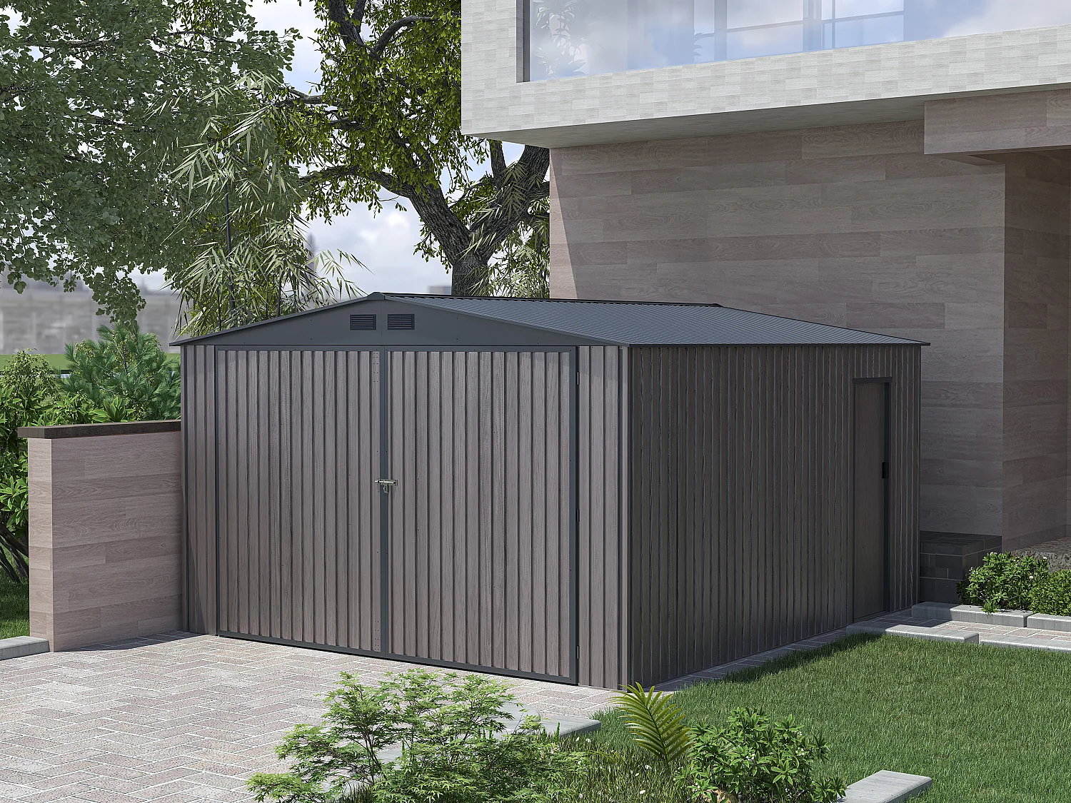 Garage en acier galvanisé effet bois gris 15,96 m² - NERON