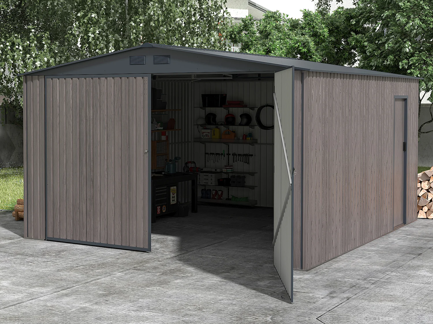 Garagem em aço galvanizado efeito madeira cinzenta 15,1 m² - NERON