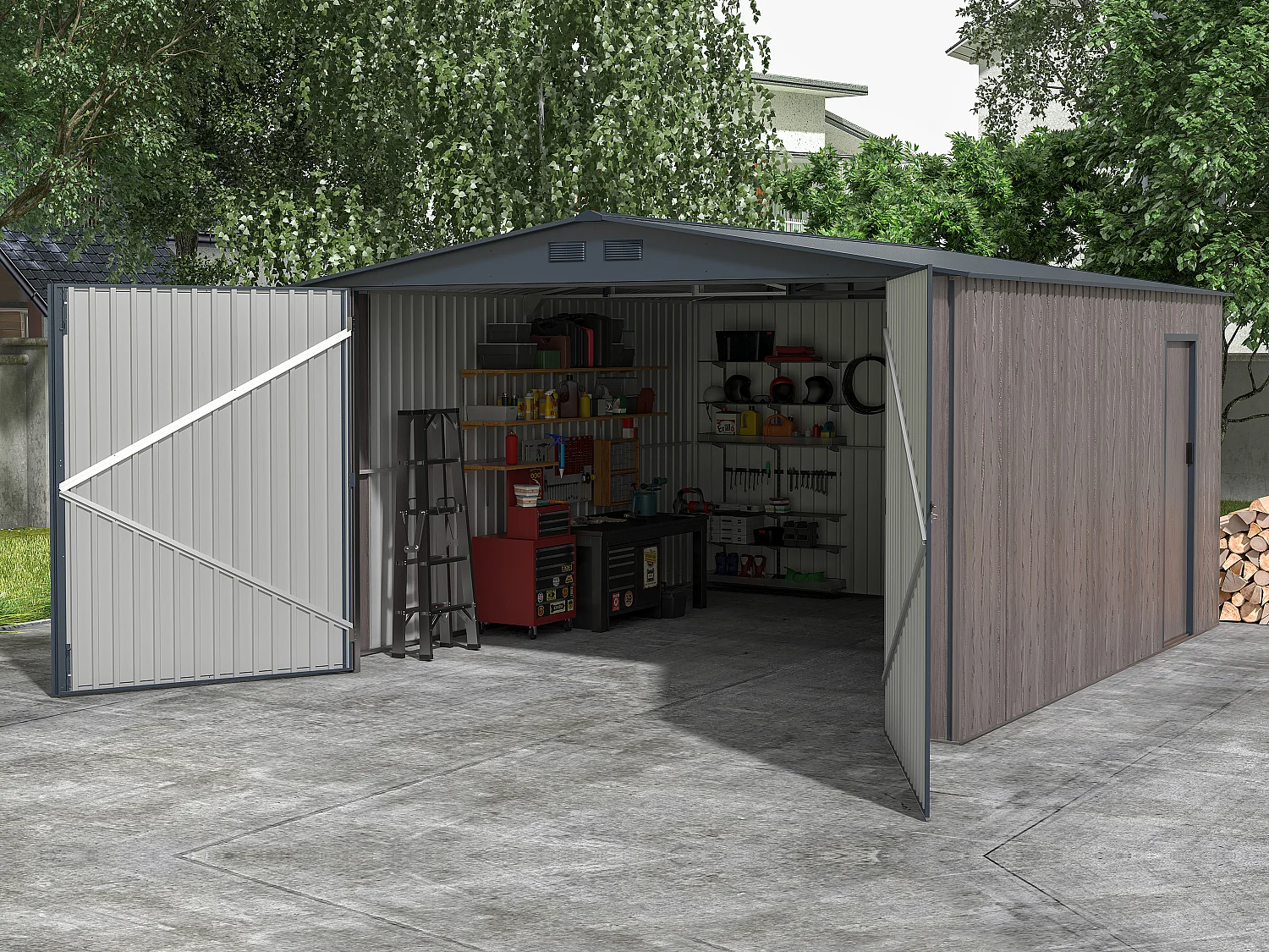 Garage en acier galvanisé effet bois gris 15,96 m² - NERON