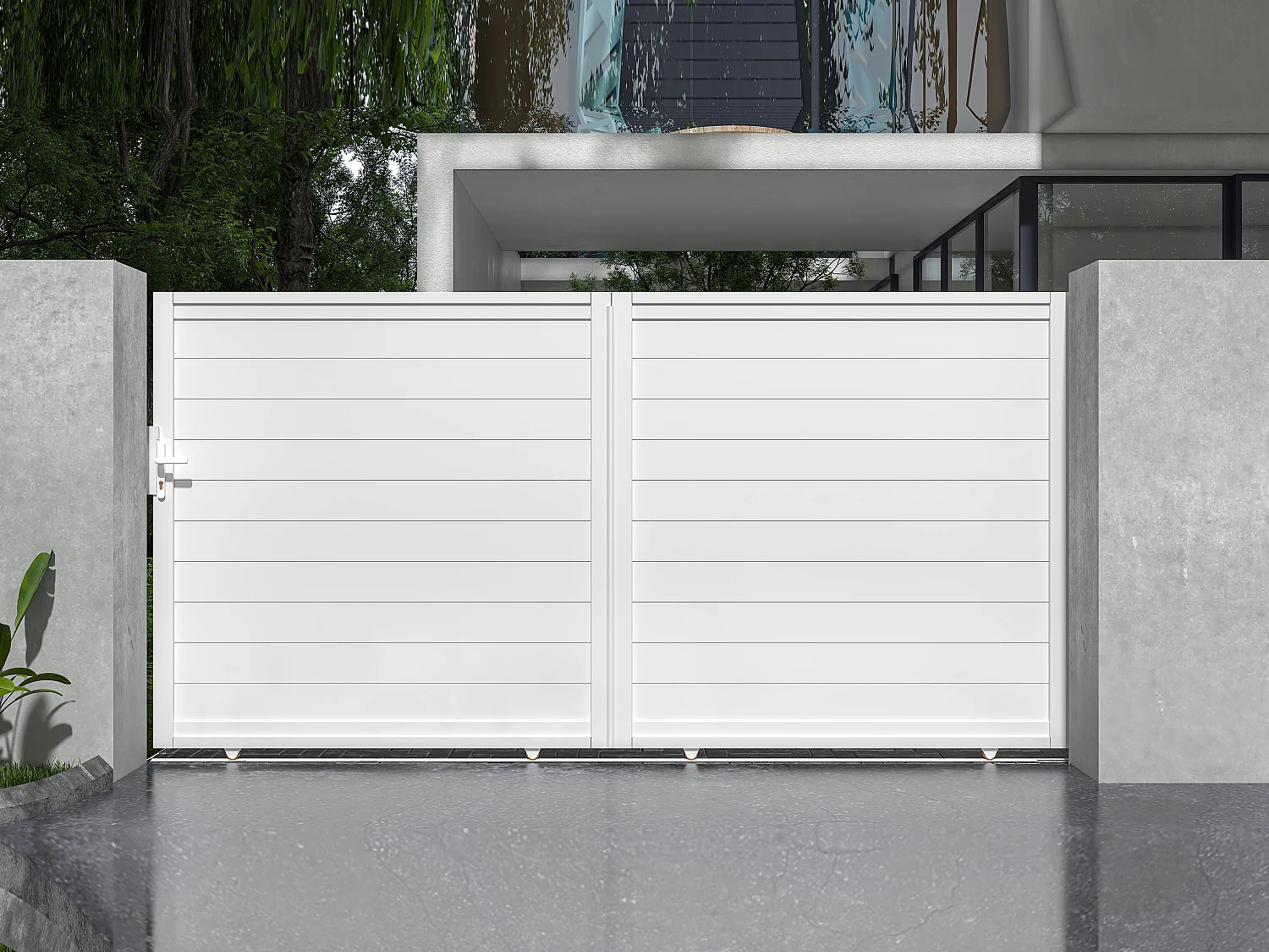 Portail coulissant aluminium plein L374 x H180 cm blanc - NAZARIO