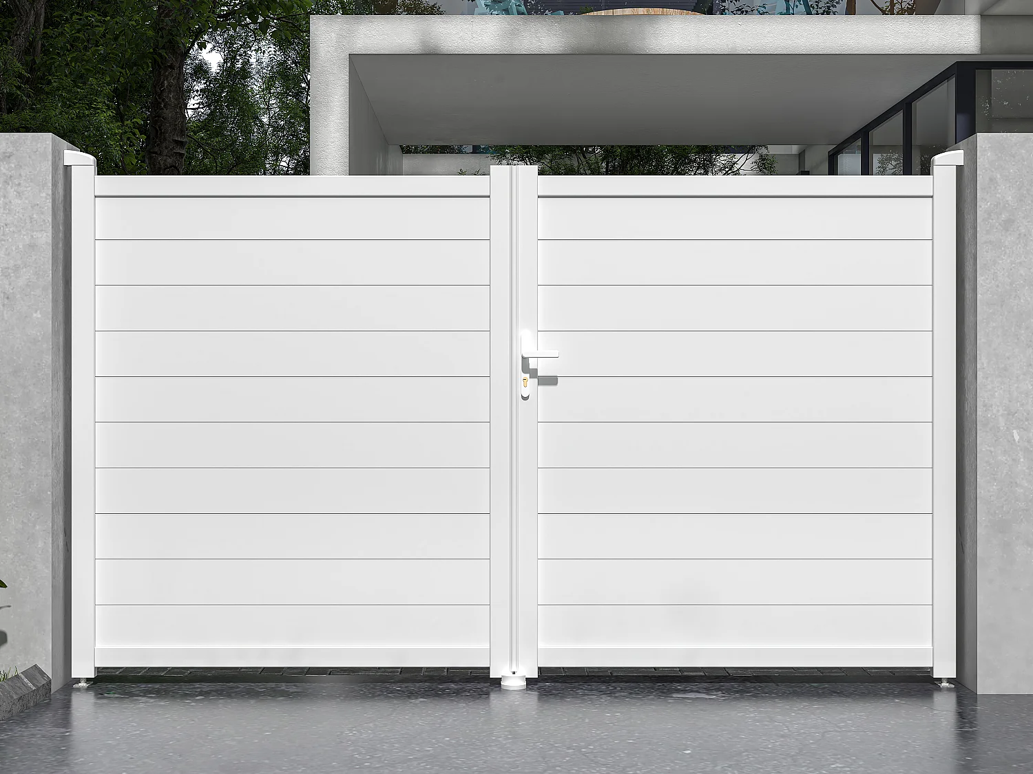 Portail battant aluminium plein L305 x H181 cm blanc - NAZARIO