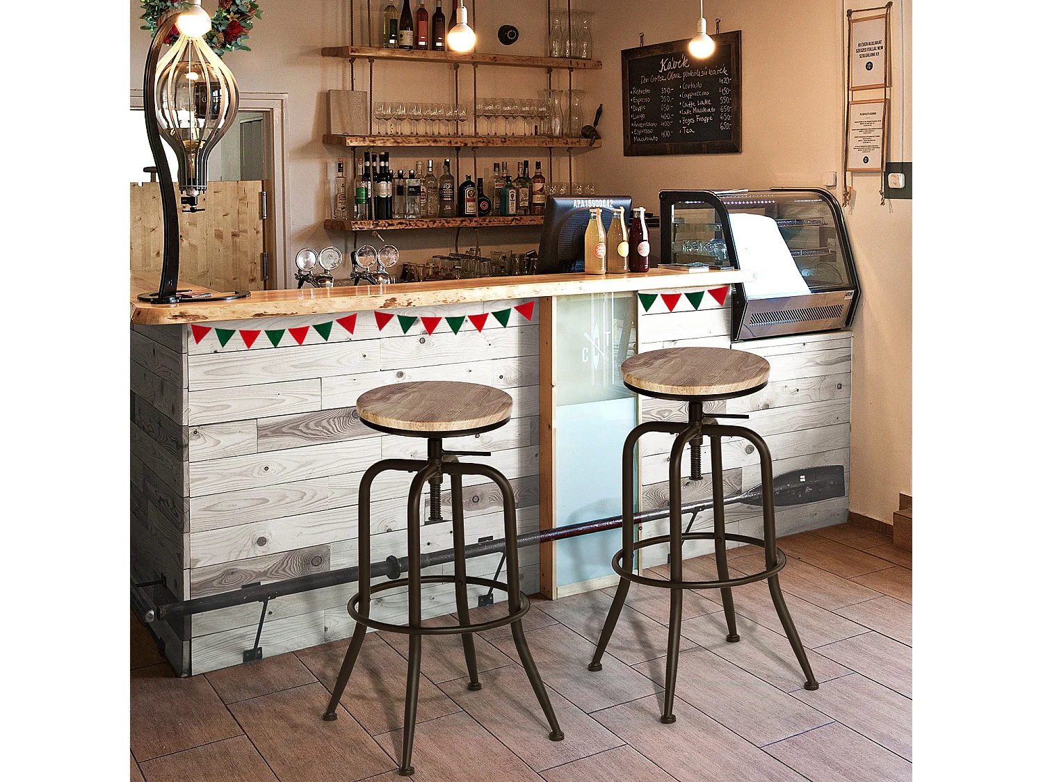 Lot de 2 Tabourets de bar,Style industreil et vintage,Siège pivotant 360°,Hauteur réglable,Assise en bois,Pieds en métal,L38.5*P38.5*H68-76.5CM