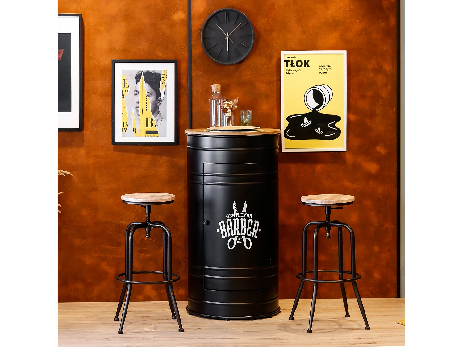 Lot de 2 Tabourets de bar,Style industreil et vintage,Siège pivotant 360°,Hauteur réglable,Assise en bois,Pieds en métal,L38.5*P38.5*H68-76.5CM