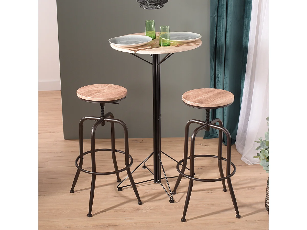 Lot de 2 Tabourets de bar,Style industreil et vintage,Siège pivotant 360°,Hauteur réglable,Assise en bois,Pieds en métal,L38.5*P38.5*H68-76.5CM