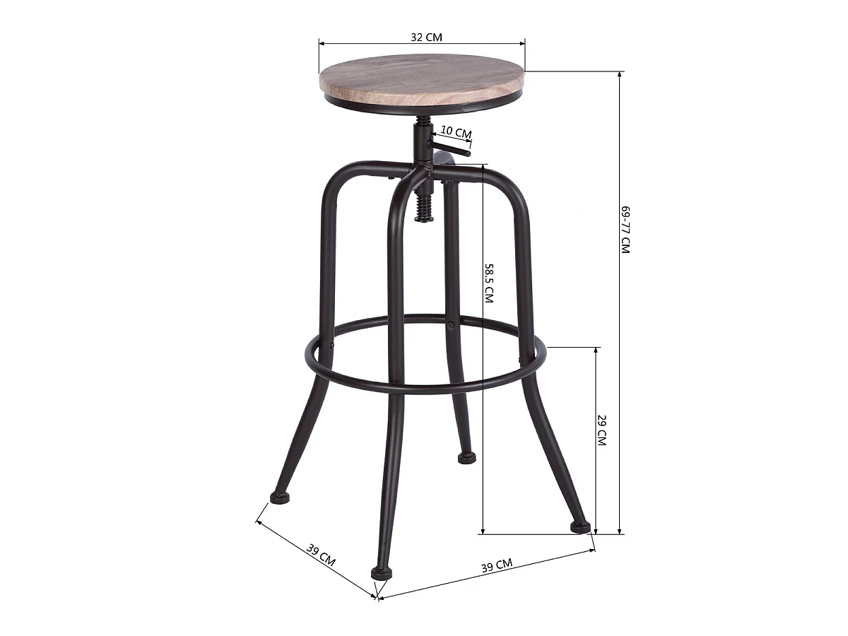 Lot de 2 Tabourets de bar,Style industreil et vintage,Siège pivotant 360°,Hauteur réglable,Assise en bois,Pieds en métal,L38.5*P38.5*H68-76.5CM