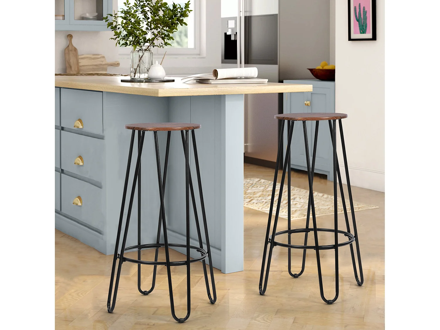 Lot de 2 Tabouret de Bar style graphique et industriel en bois Marron pied noir hauteur assise 73 cm - L 30 x P 30 x H 73cm