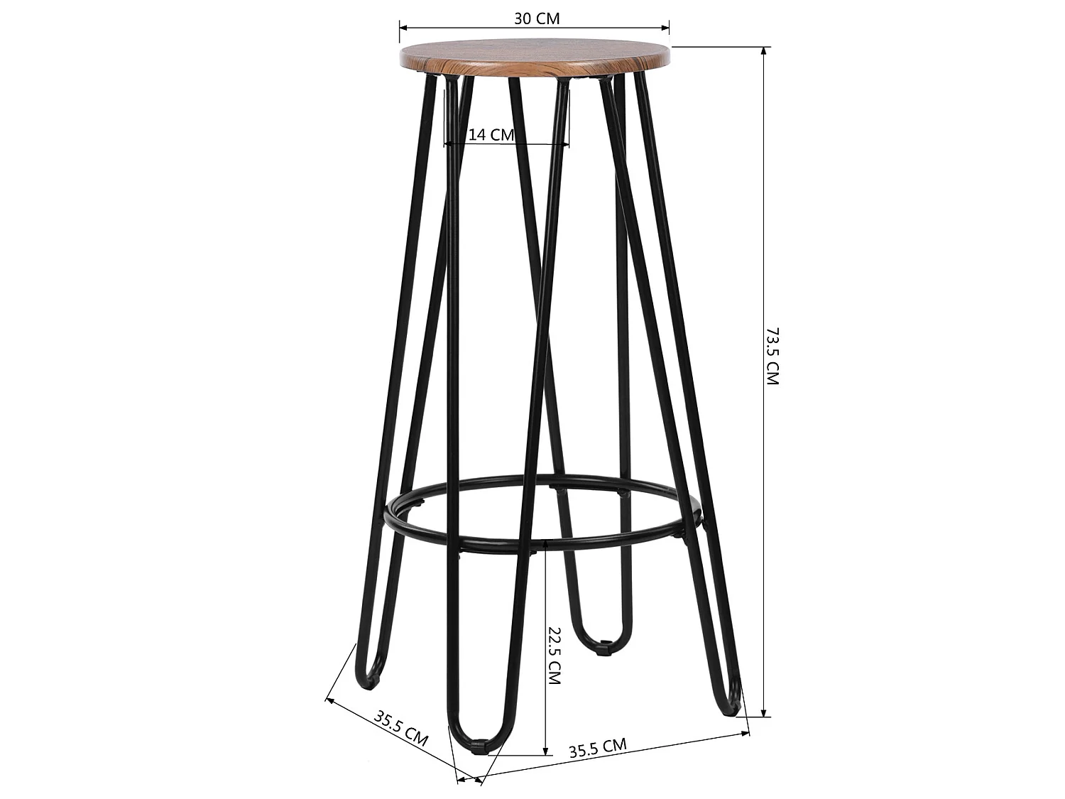 Lot de 2 Tabouret de Bar style graphique et industriel en bois Marron pied noir hauteur assise 73 cm - L 30 x P 30 x H 73cm