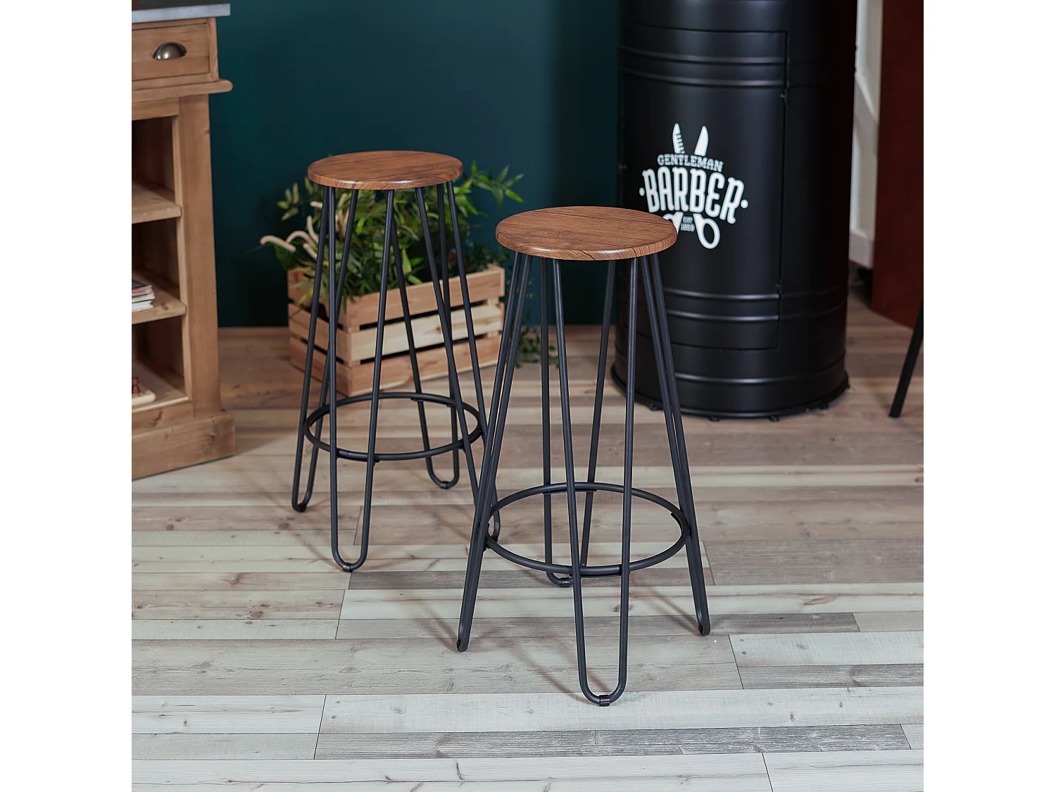 Lot de 2 Tabouret de Bar style graphique et industriel en bois Marron pied noir hauteur assise 73 cm - L 30 x P 30 x H 73cm