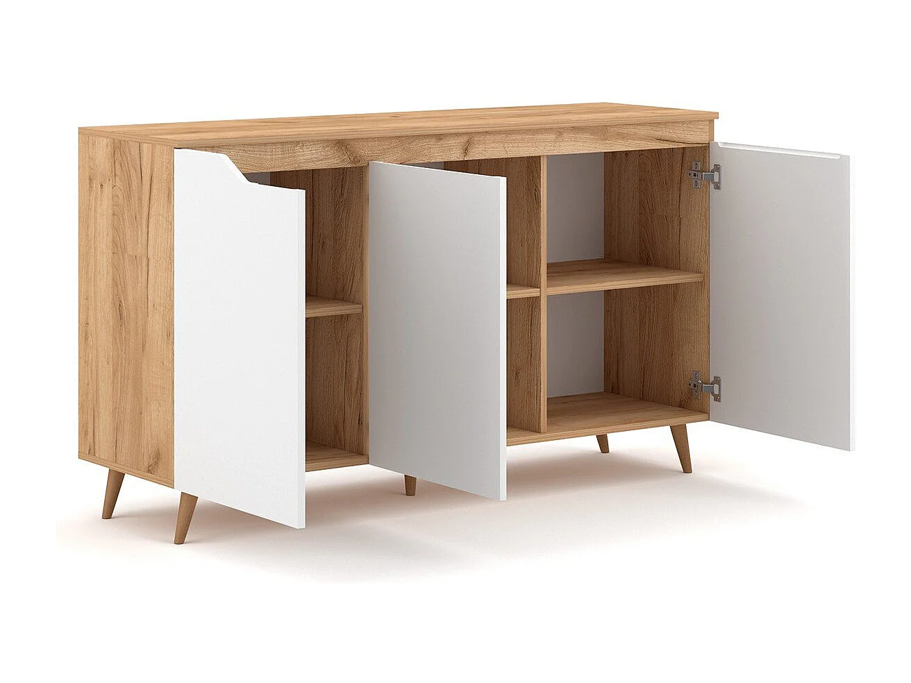 Buffet Scandinave 3 Portes L140 cm - Décor bois et blanc - Tree