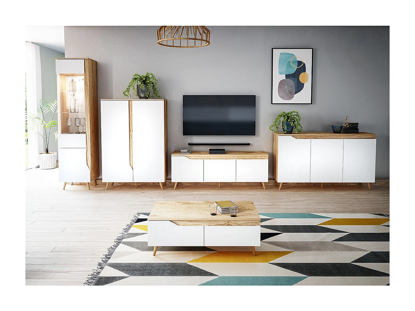 Buffet Scandinave 3 Portes L140 cm - Décor bois et blanc - Tree