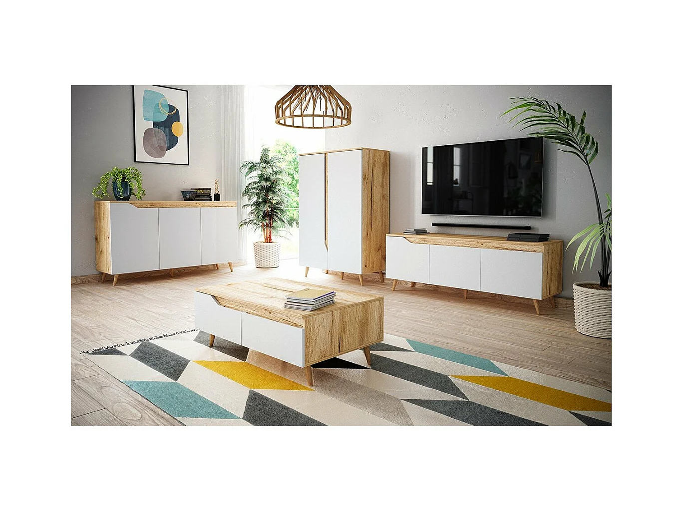 Buffet Scandinave 3 Portes L140 cm - Décor bois et blanc - Tree