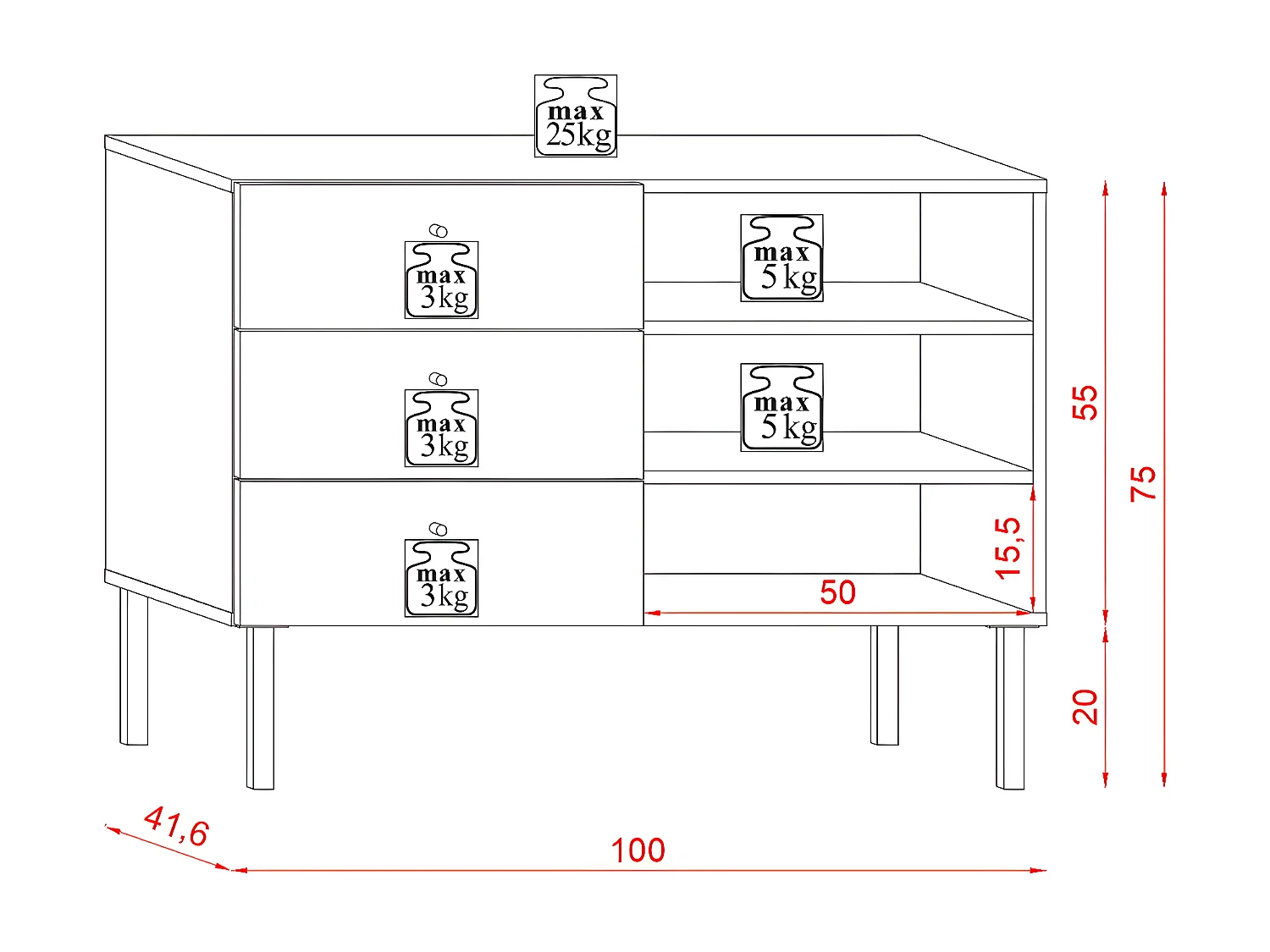 Cómoda 3 cajones 3 baldas - Diseño moderno - 100 cm