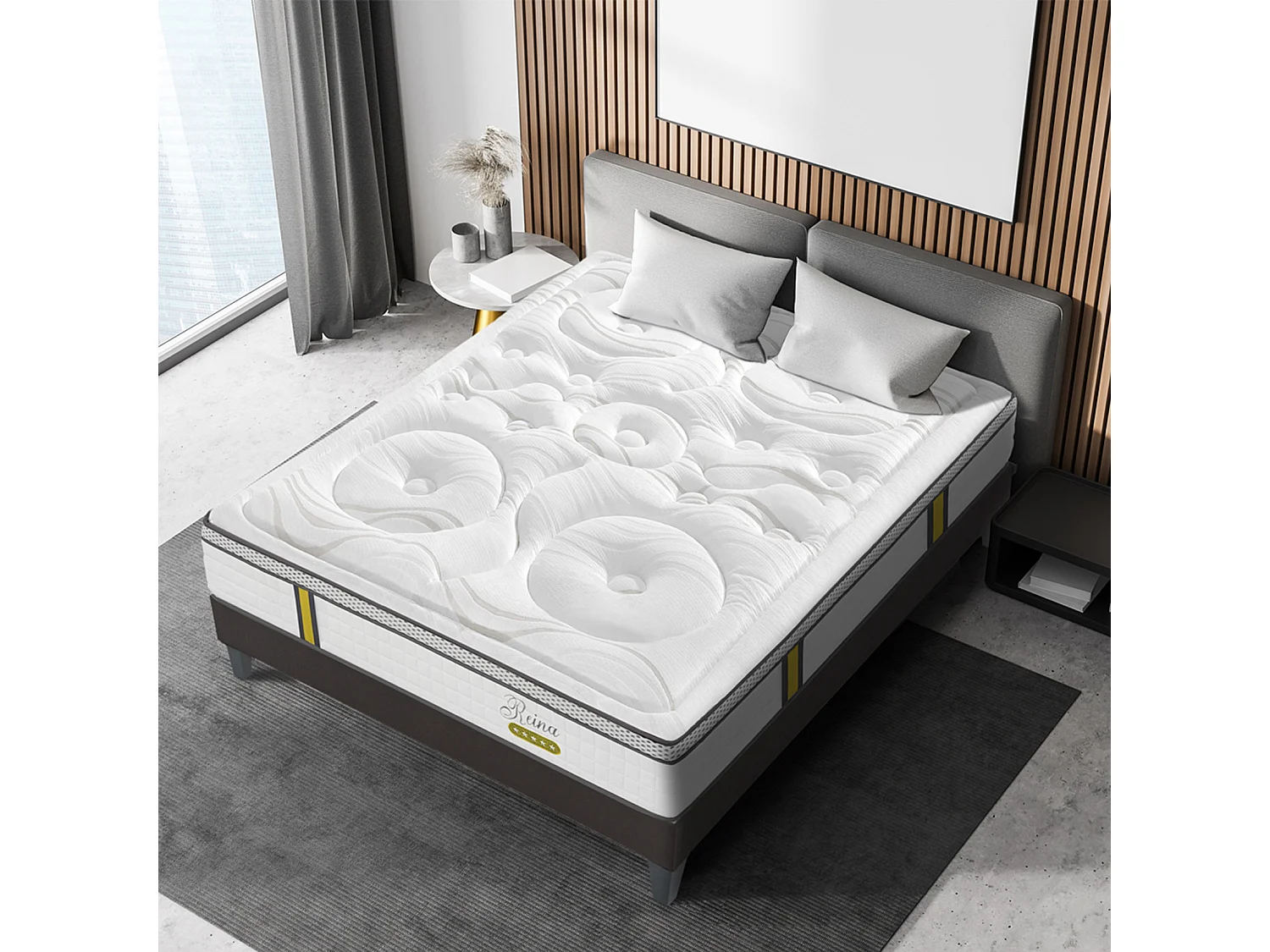 Ensemble matelas ressorts ensachés et sommier en bois