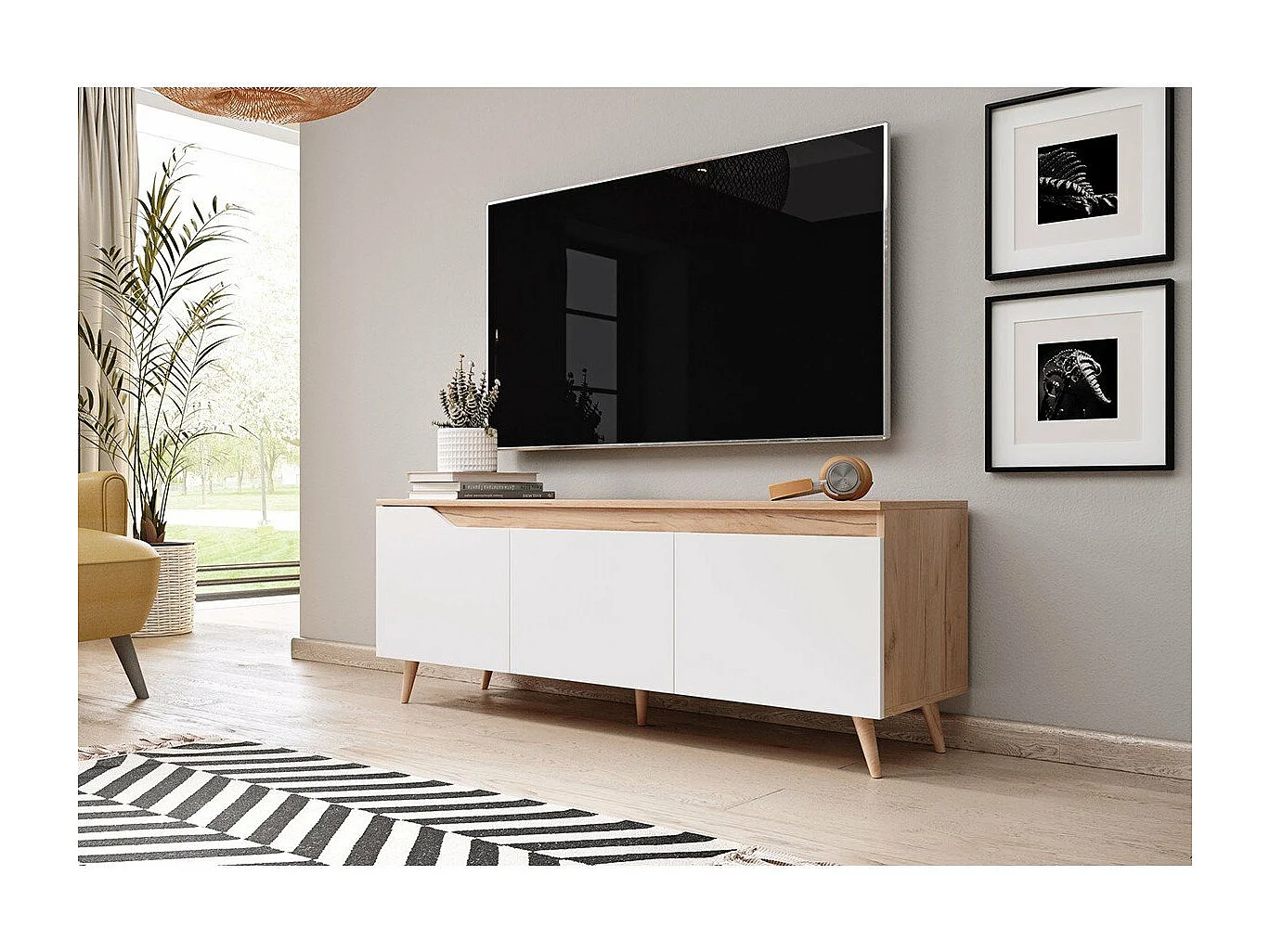 Meuble TV Scandinave 3 portes Décor Bois Clair et Blanc L140 cm - Tree