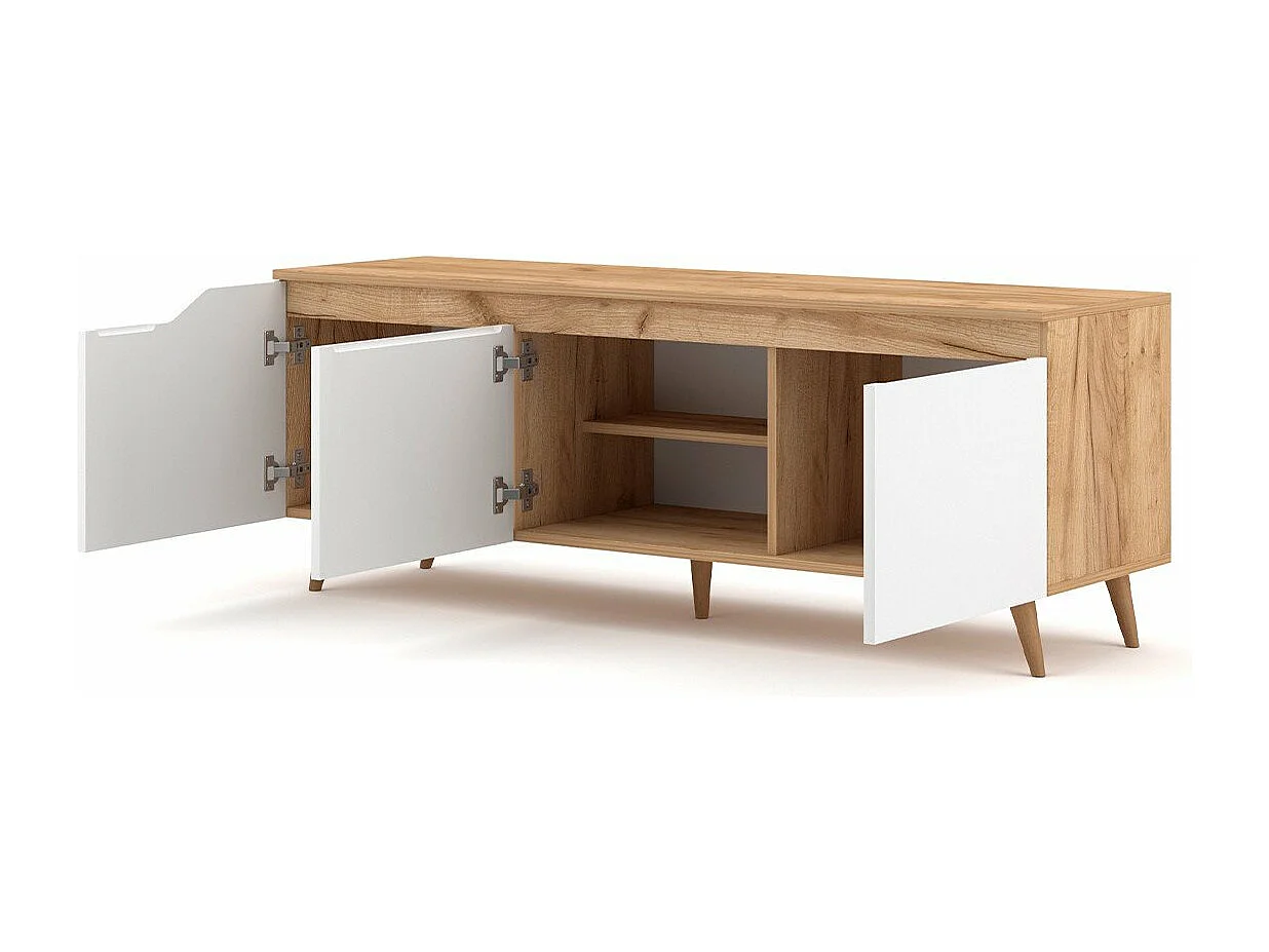Meuble TV Scandinave 3 portes Décor Bois Clair et Blanc L140 cm - Tree