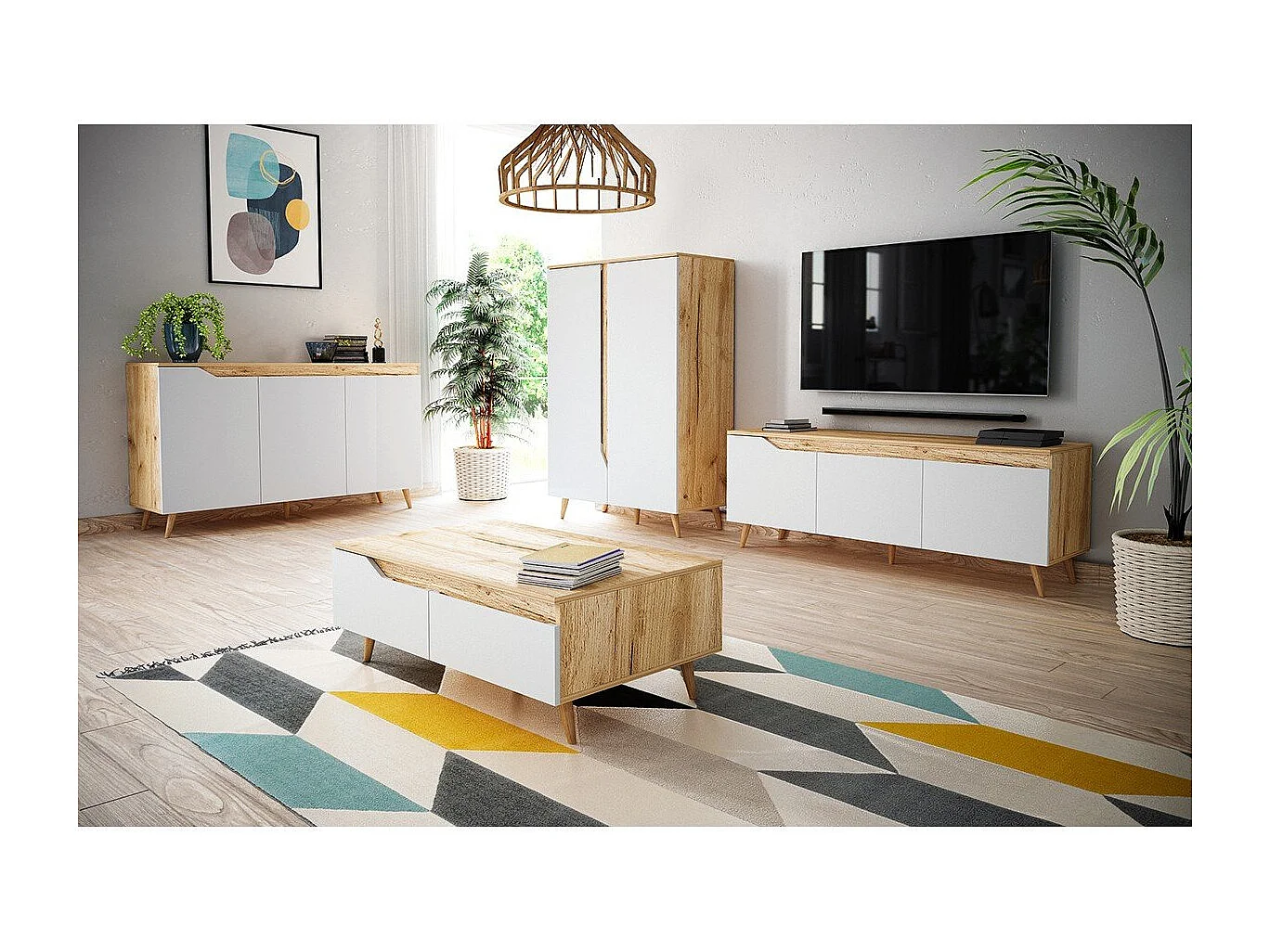 Meuble TV à poser TURE coloris chêne 140x40x52 cm-Blanc-Blanc--