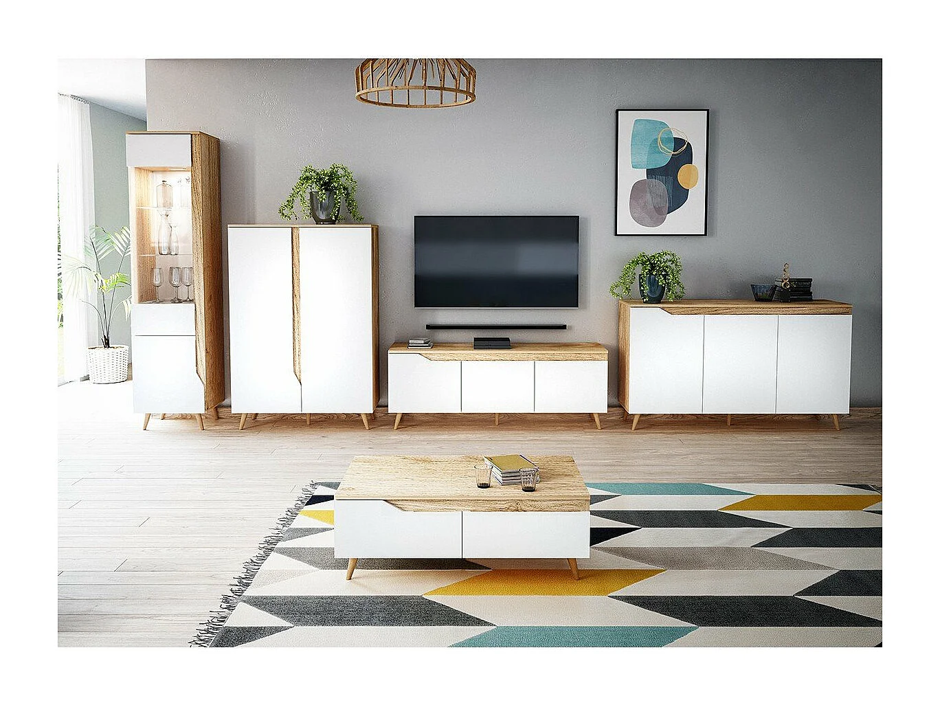 Meuble TV à poser TURE coloris chêne 140x40x52 cm-Blanc-Blanc--