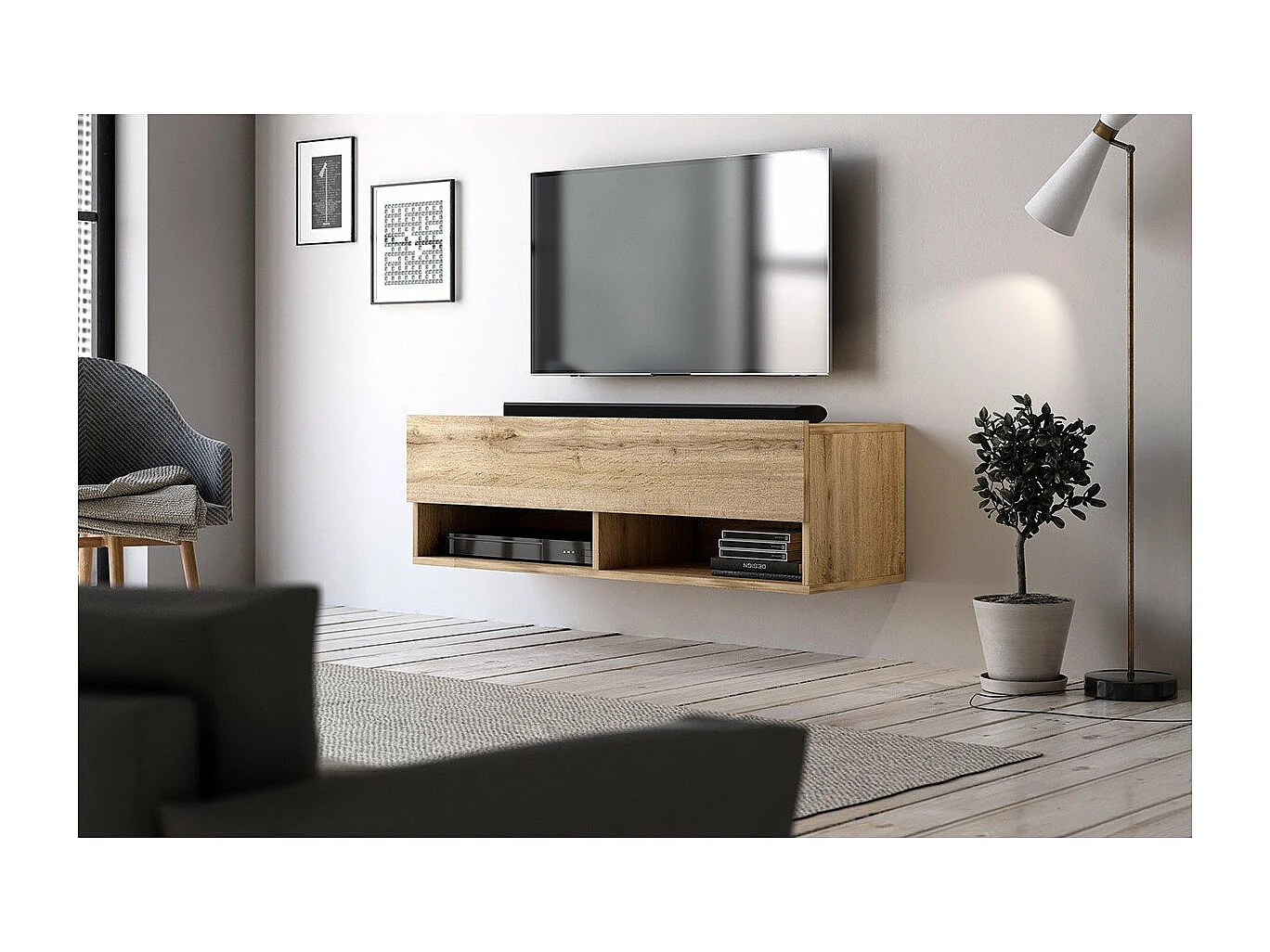 Mueble de TV de pared puerta abatible 2 baldas 100 cm - Acabado madera