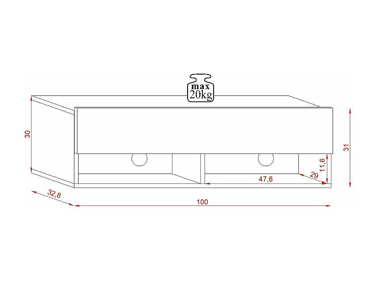Mueble de TV de pared puerta abatible 2 baldas 100 cm - Acabado madera