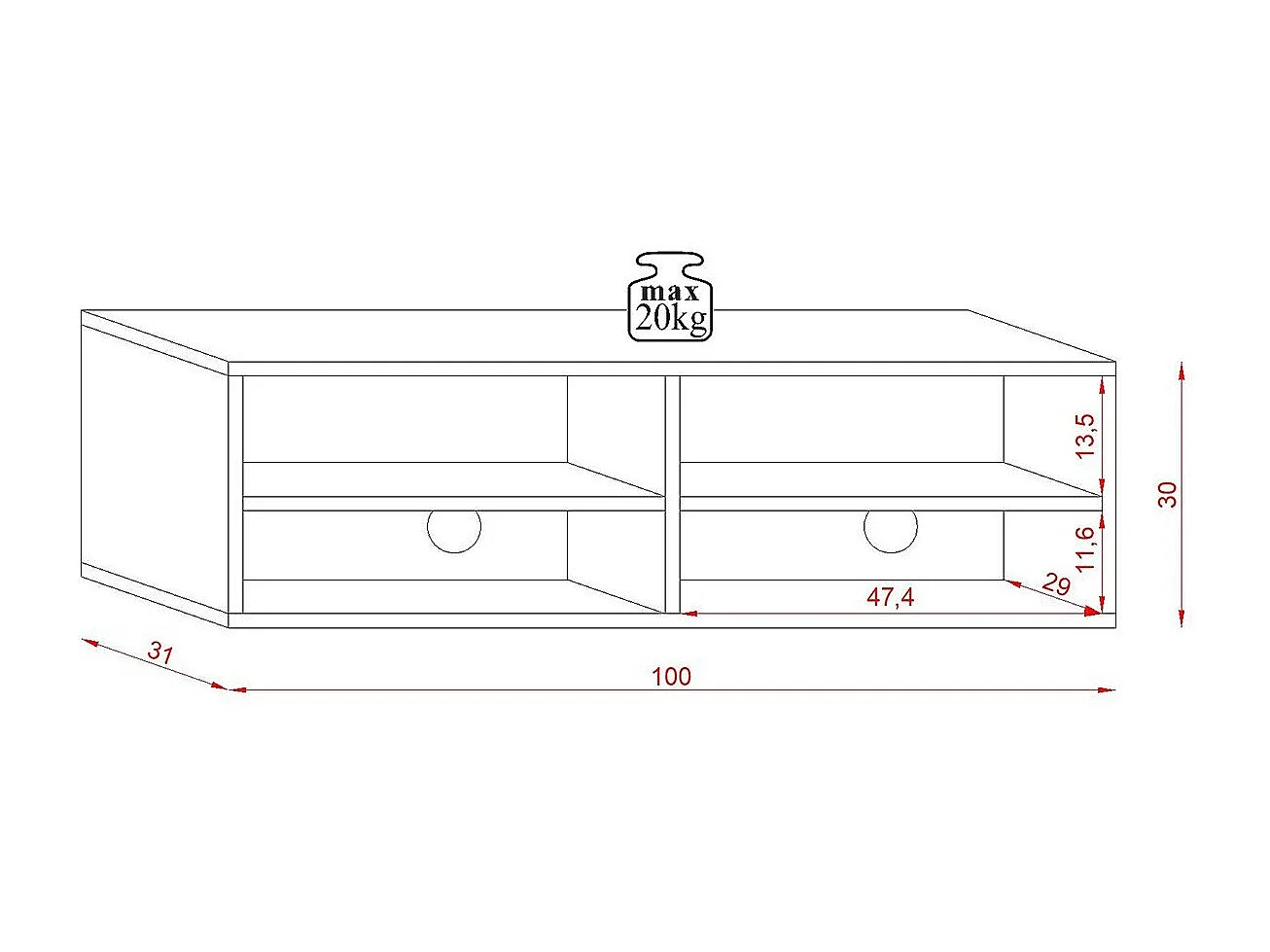 Mueble de TV de pared puerta abatible 2 baldas 100 cm - Acabado madera