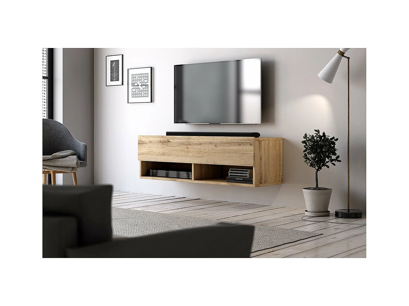 Meuble TV Mural 1 Porte Rabattable et 2 Niches L100 cm - Derby