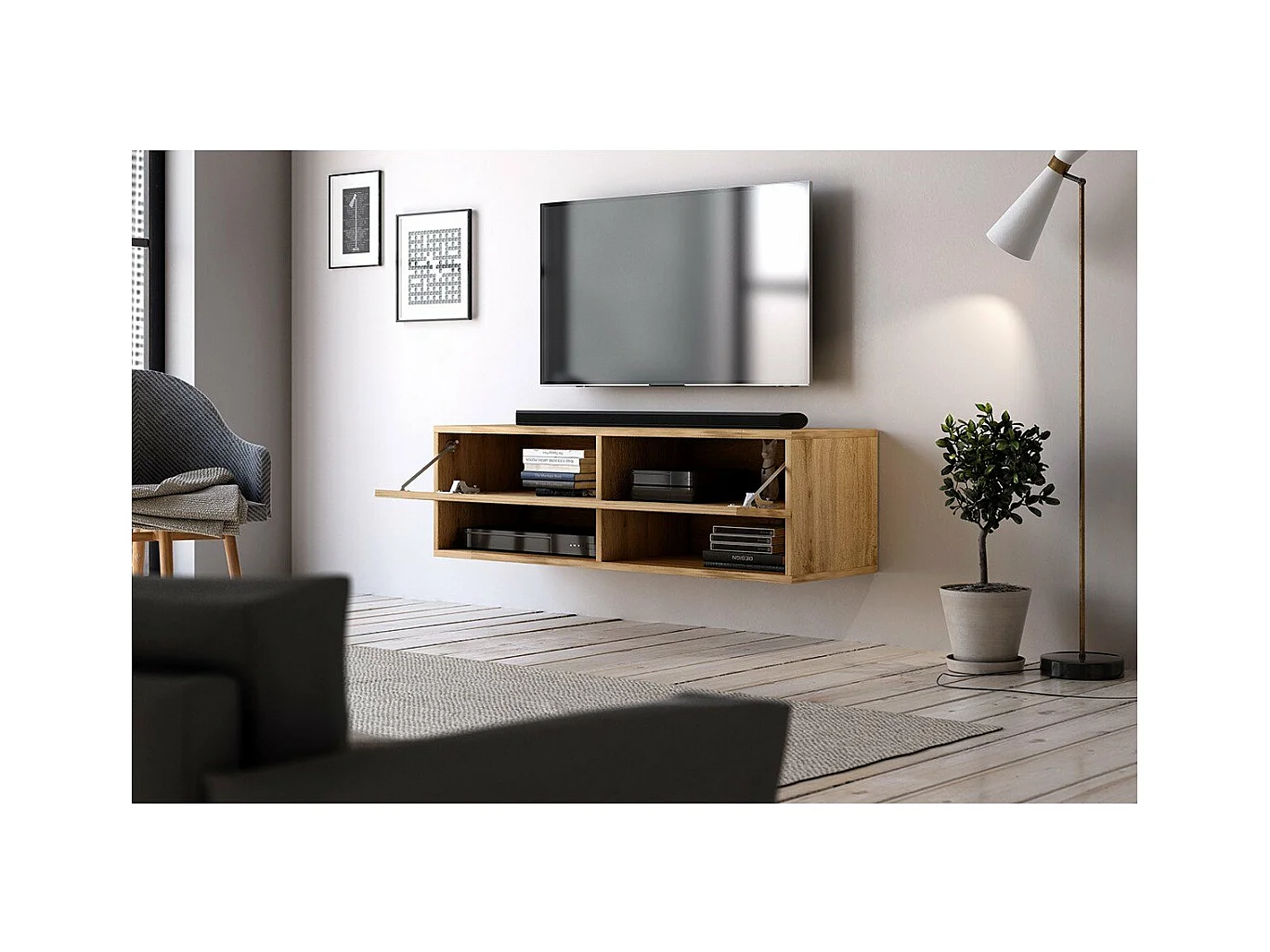 Meuble TV Mural 1 Porte Rabattable et 2 Niches L100 cm - Derby