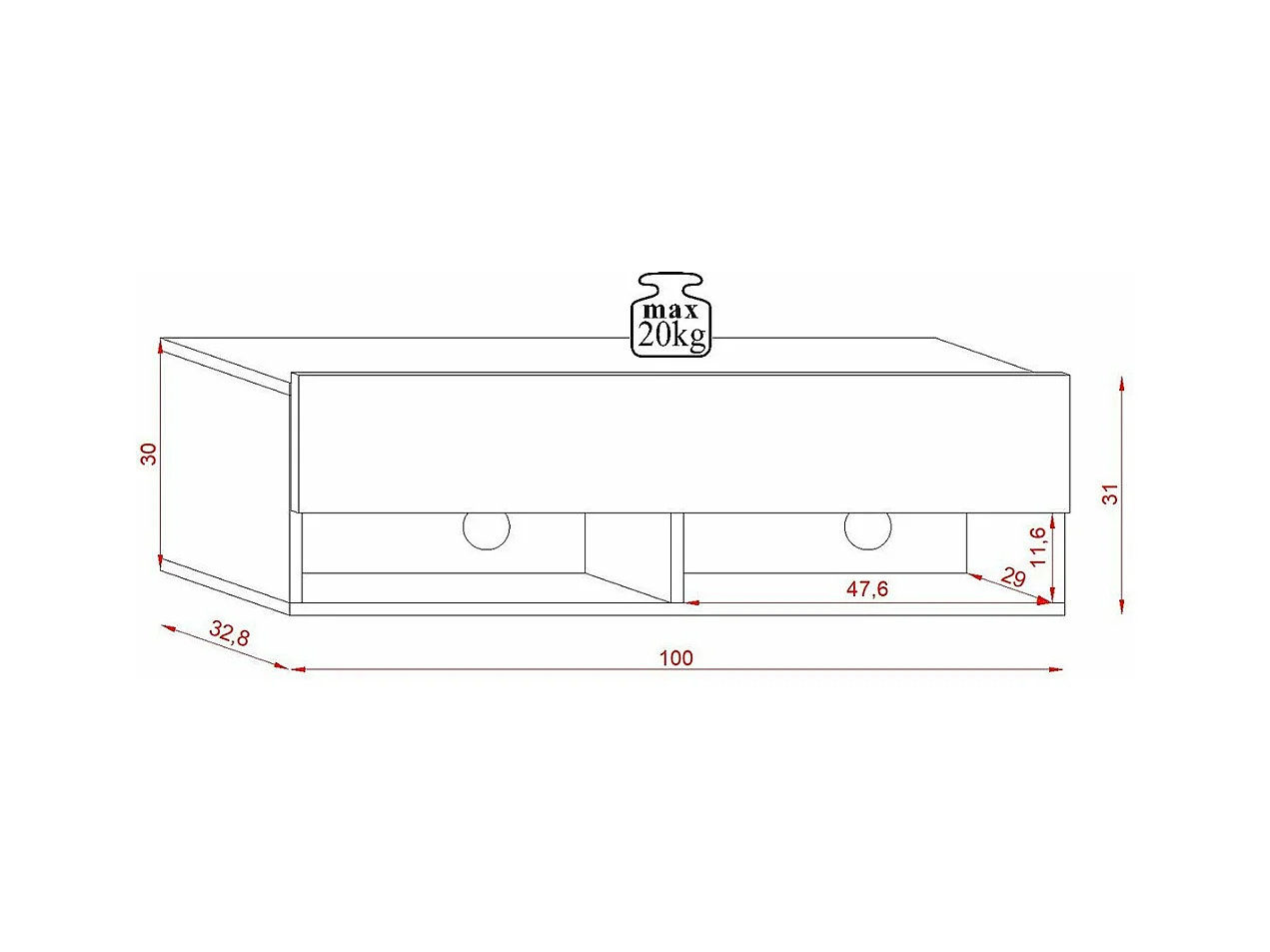 Meuble TV Mural 1 Porte Rabattable et 2 Niches L100 cm - Derby