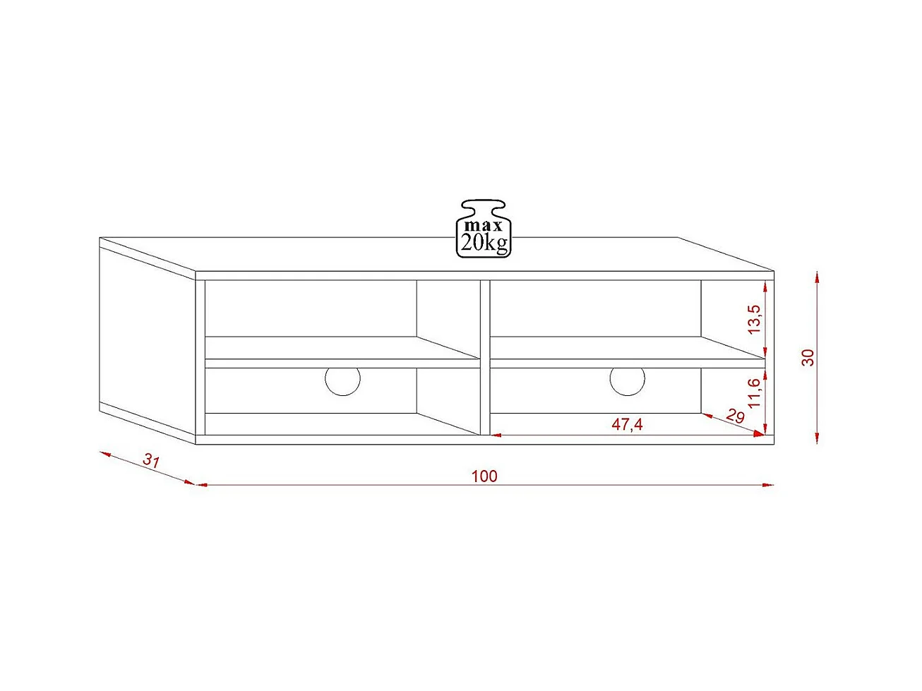 Meuble TV Mural 1 Porte Rabattable et 2 Niches L100 cm - Derby